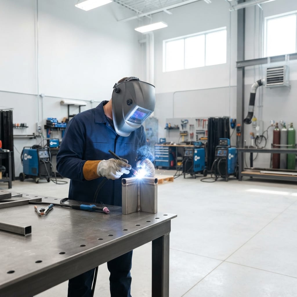 Welder working in an industrial fabrication shop