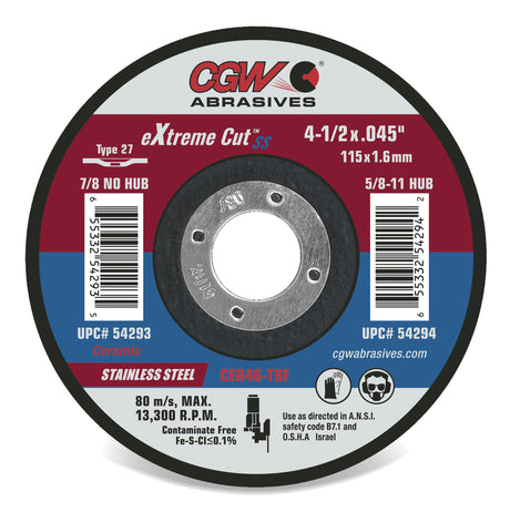 CGW Consumables CGW SS Cut-Off Wheel - 4-1/2in x 5/8-11in 46 Grit (54294) Pk.10