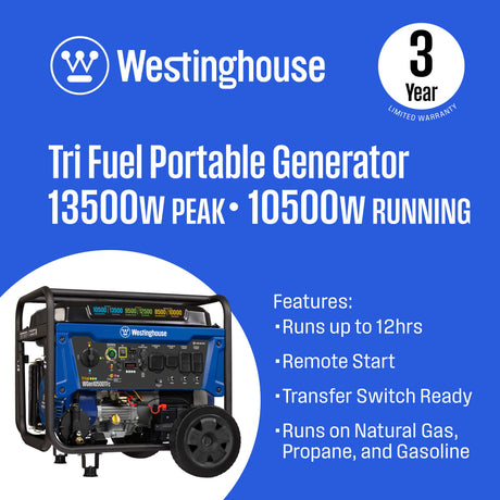 Westinghouse Tri-Fuel Generators Westinghouse 10,500 Watt Portable Generator - Tri-Fuel (wGen10500TFc)