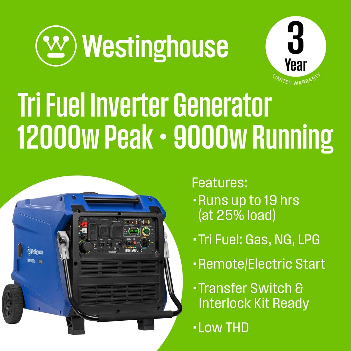 Westinghouse Westinghouse - iGen 12000TFc Inverter Generator - TriFuel with CO Sensor