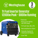 Westinghouse Westinghouse - iGen 12000TFc Inverter Generator - TriFuel with CO Sensor